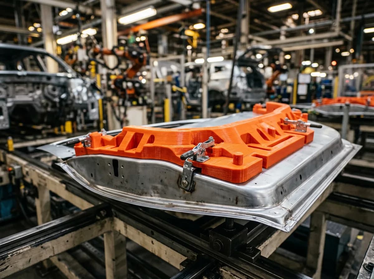 Jig de ensamble impreso en 3D en naranja montado sobre panel automotriz en planta