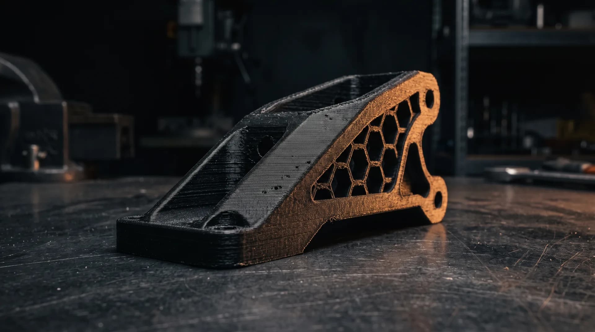 Soporte estructural impreso en 3D en nylon con fibra de carbono, con líneas de capa visibles, sobre banco de trabajo industrial