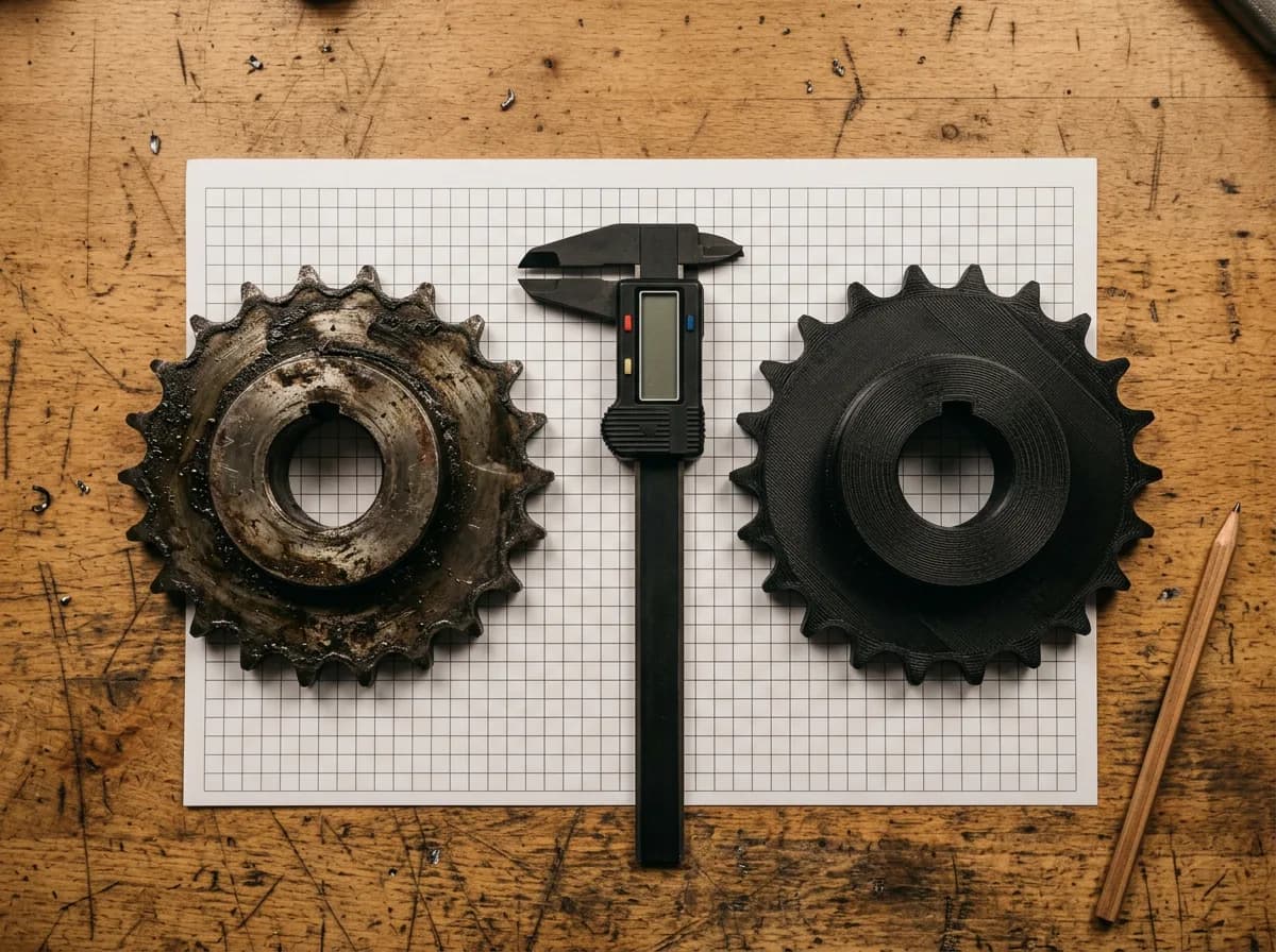 Vernier digital midiendo una catarina metálica desgastada junto a su réplica reconstruida e impresa en 3D en nylon negro, sobre papel milimétrico