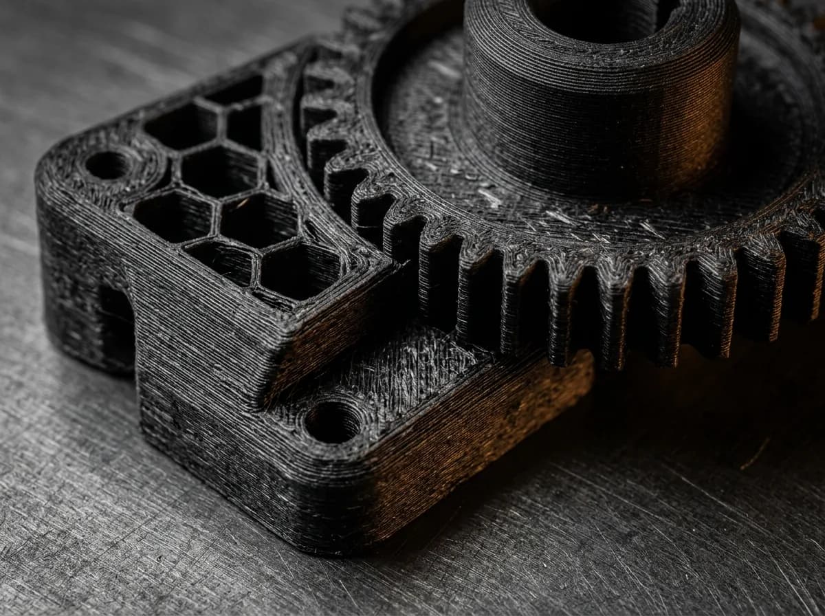 Pieza industrial impresa en 3D en Nylon con fibra de carbono (PA-CF)