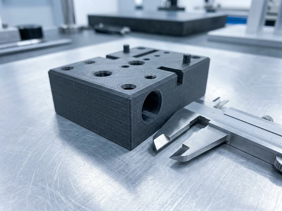 Pieza industrial impresa en 3D en PETG con fibra de carbono (PETG-CF)