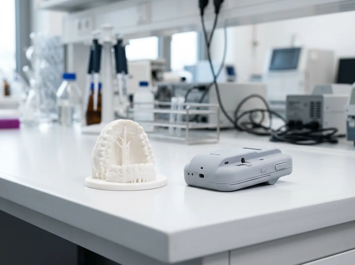 Modelo dental y carcasa de prototipo impresos en 3D sobre mesa de laboratorio