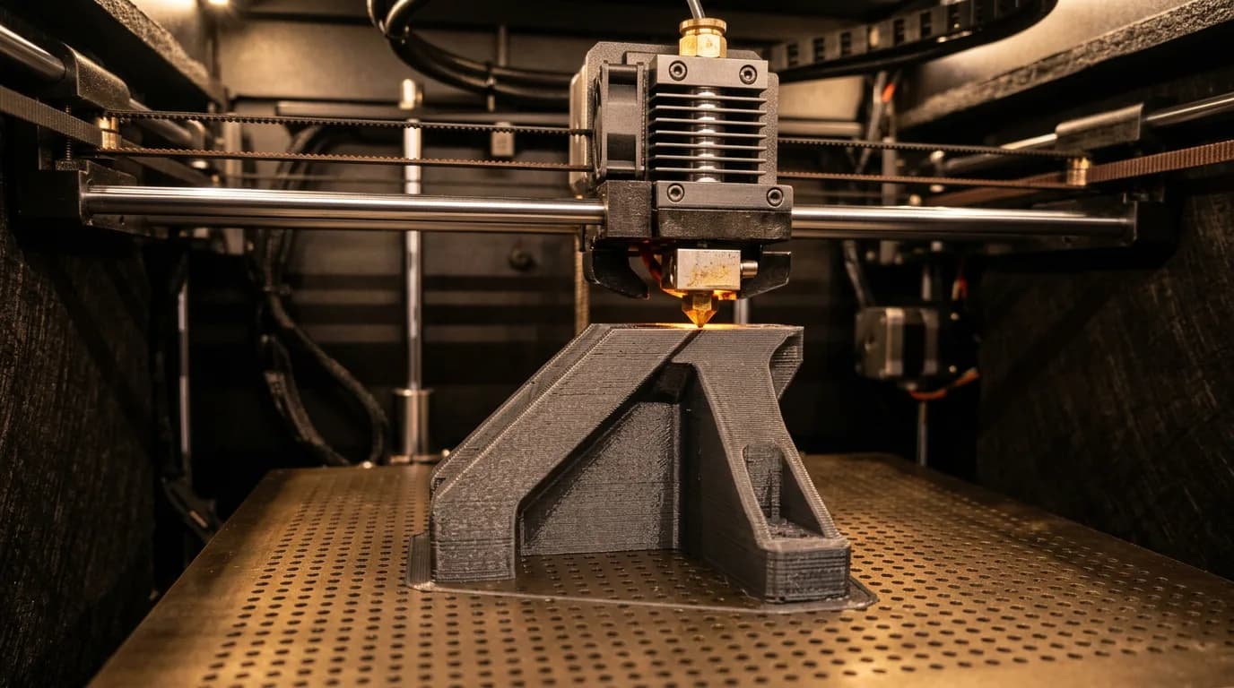 Impresora 3D FDM industrial depositando filamento sobre una pieza de ingeniería en la cama de impresión