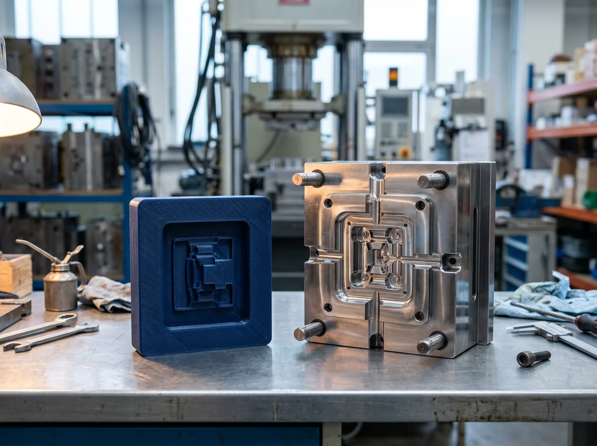 Inserto de molde impreso en 3D junto a base de molde de acero maquinado